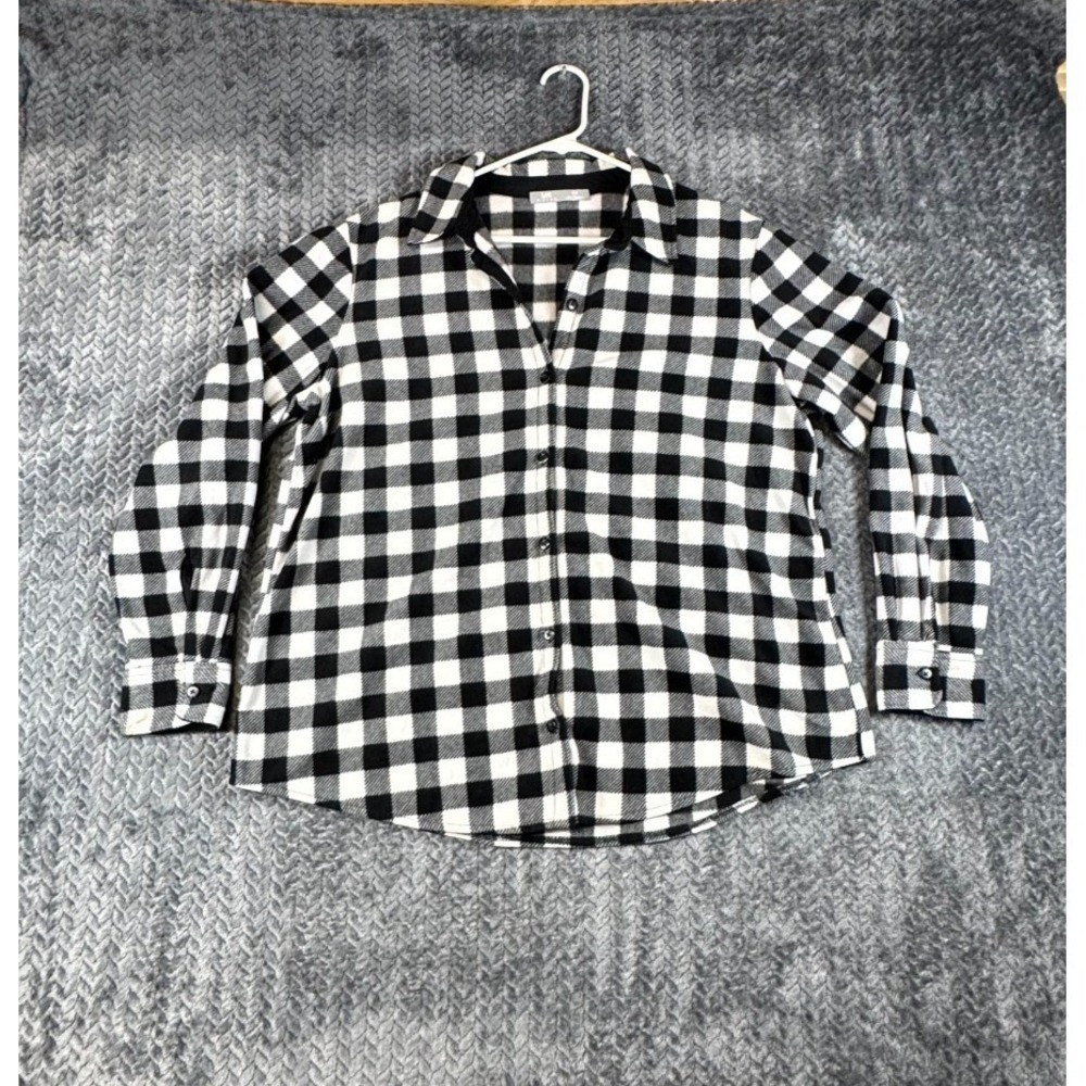 Lee Riders Fleece Shirt Women XL White Black Plaid Long Sleeve Classic Button Up
